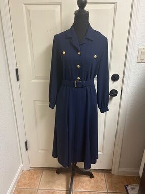 Vintage Liz Claiborne Petite Navy w/ Gold Buttons Midi Shirt Dress, Size 4P